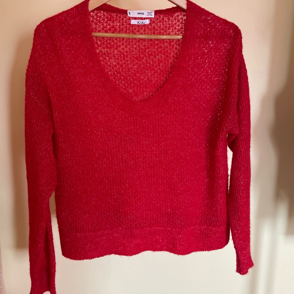 Red wool blend sweater, sheer knit